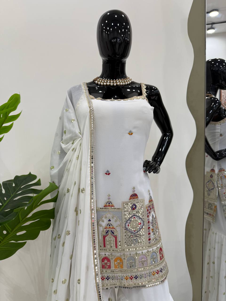 Designer Party Wear Suit with Sequin Sharara and Lace Dupatta