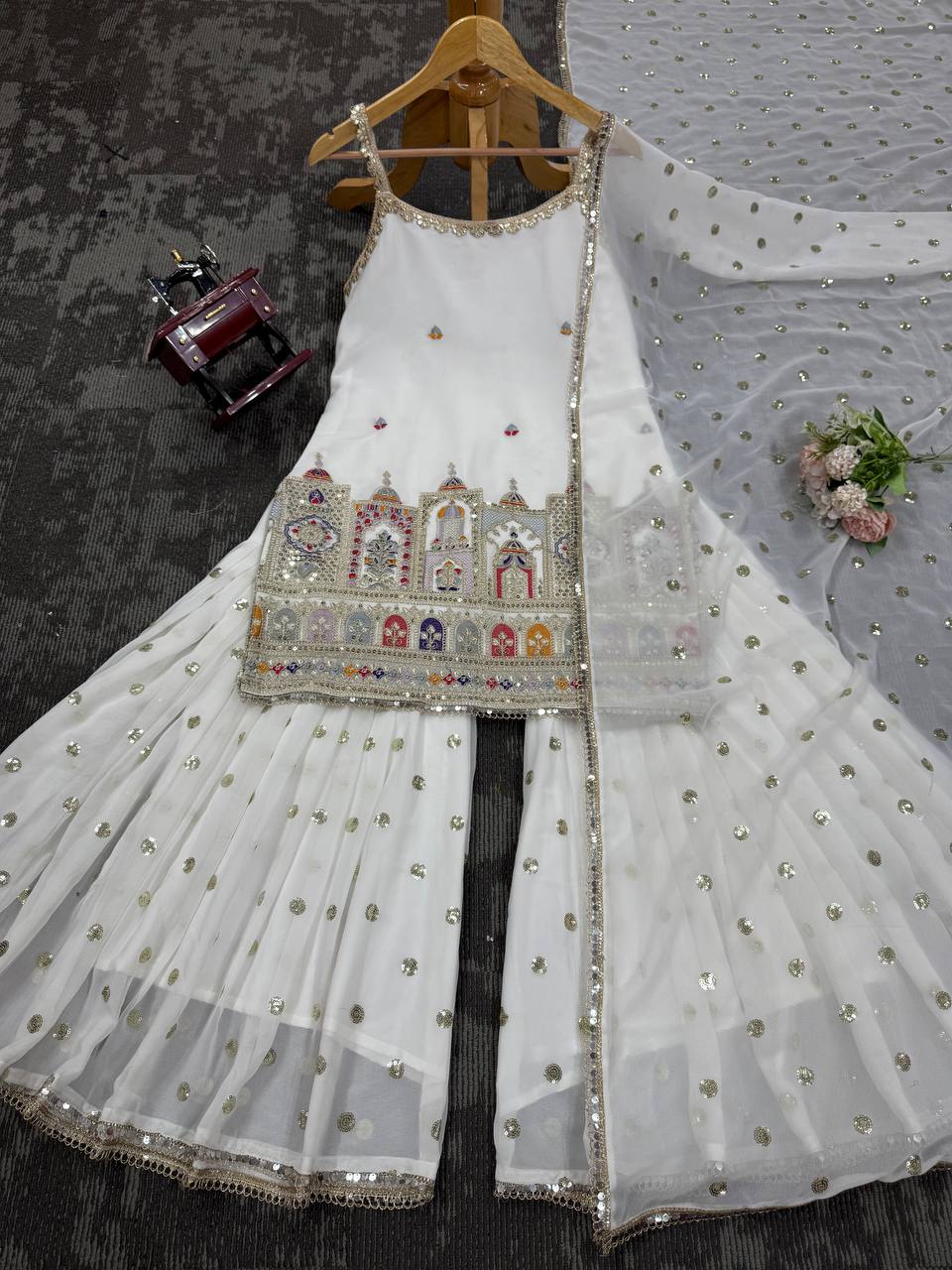 Designer Party Wear Suit with Sequin Sharara and Lace Dupatta