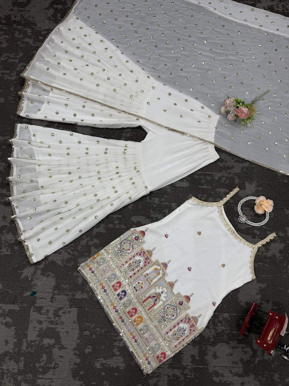 Designer Party Wear Suit with Sequin Sharara and Lace Dupatta