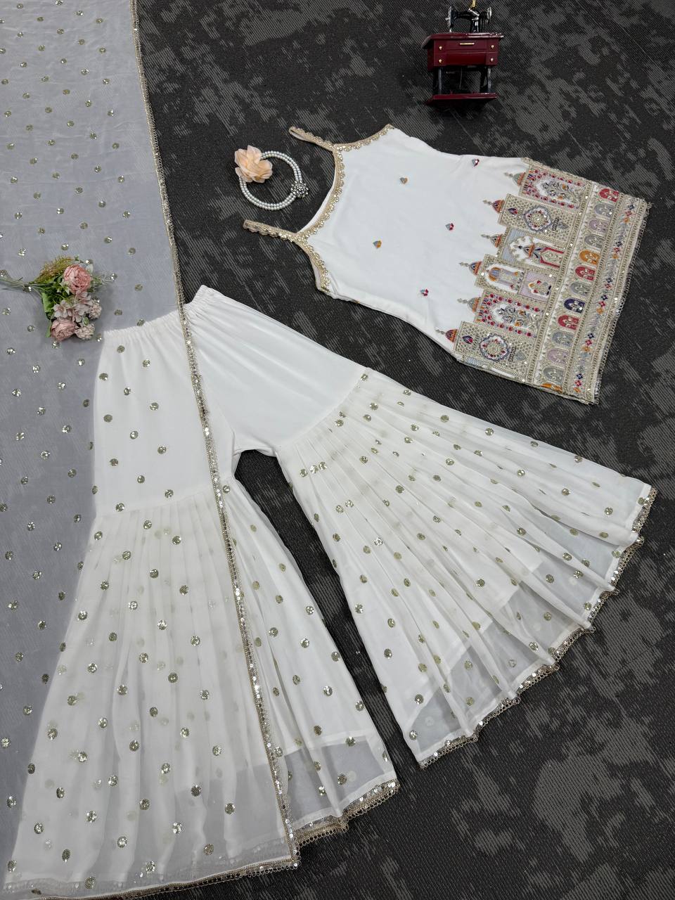 Designer Party Wear Suit with Sequin Sharara and Lace Dupatta