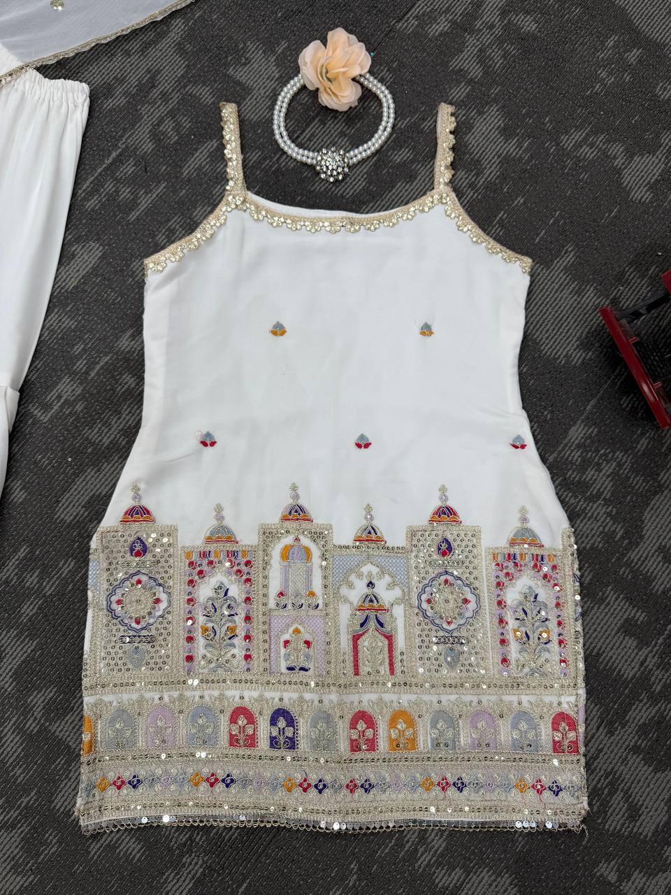 Designer Party Wear Suit with Sequin Sharara and Lace Dupatta