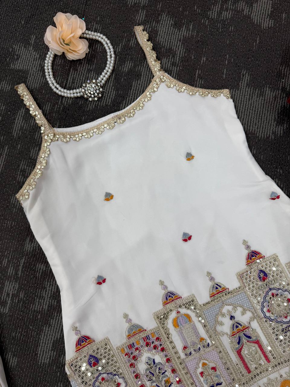 Designer Party Wear Suit with Sequin Sharara and Lace Dupatta